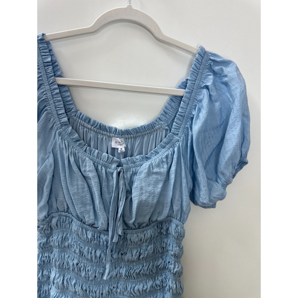 LE LIS Light Blue Smocked Puff Sleeve Midi Dress M Milkmaid Cottagecore Coquette - Picture 5 of 16